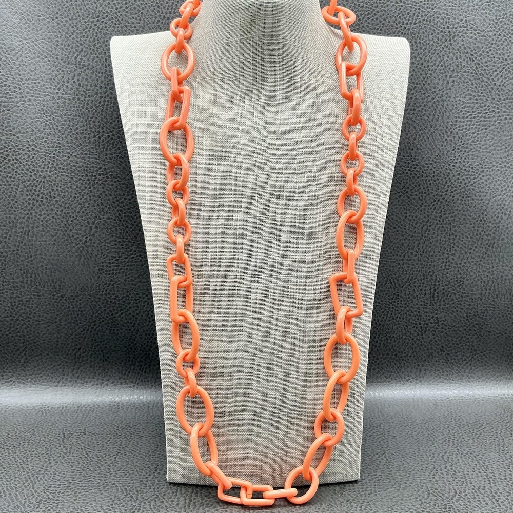J. Crew Necklace Chain Link Womens Coral Orange Resin Gold Tone Chunky Statement